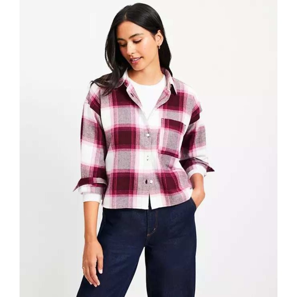 Loft Pheasant Crepe Pocket Shirt Burgundy Pink‎ Plaid Button Down XL NWT Top